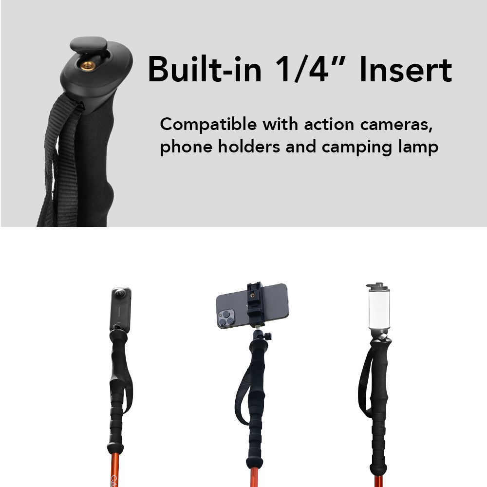 Selfie Trekking Pole – Ultralight 7075 Aluminum Hiking Poles with Built-in 1/4” Mount, Selfie Clamp, Tripod & Camera Kit – Adjustable Flip-Lock Walking Stick for Men & Women