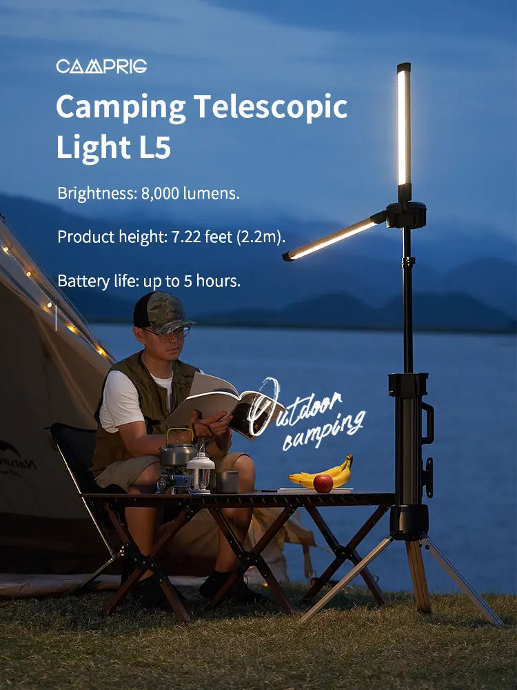 Camping Light with Stand 8000 Lumen, 87’’ Rechargeable Dual Power Source Led Work Light with Stand, Telescopic and Collapsible, IP54 Waterproof, Ideal for Working, Hiking, Camping, 4000/7000K Dimmable - camperig