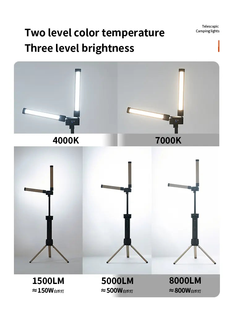 Camping Light with Stand 8000 Lumen, 87’’ Rechargeable Dual Power Source Led Work Light with Stand, Telescopic and Collapsible, IP54 Waterproof, Ideal for Working, Hiking, Camping, 4000/7000K Dimmable - camperig